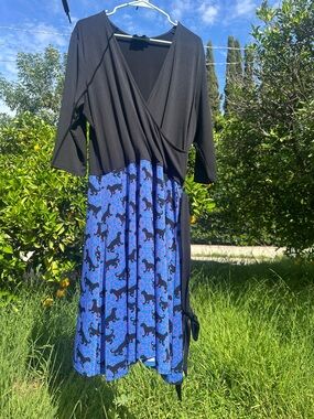 Leota Black Dress with Faux Wrap Top and STUNNING Blue Black Panther Print